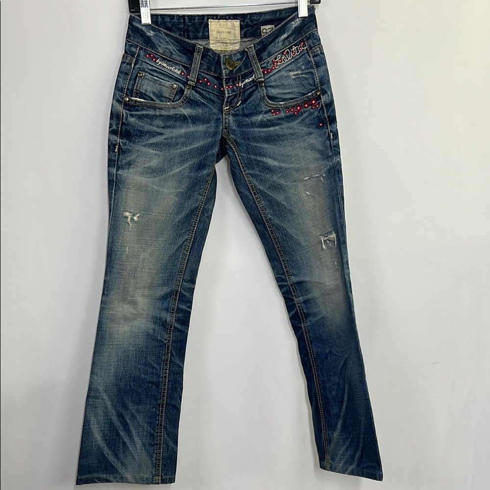 Embroidered Blue Denim Jeans boot cut low rise gasoline wash